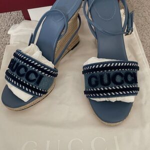 Gucci Denim-Trim Blue Leather Wedge Espadrilles